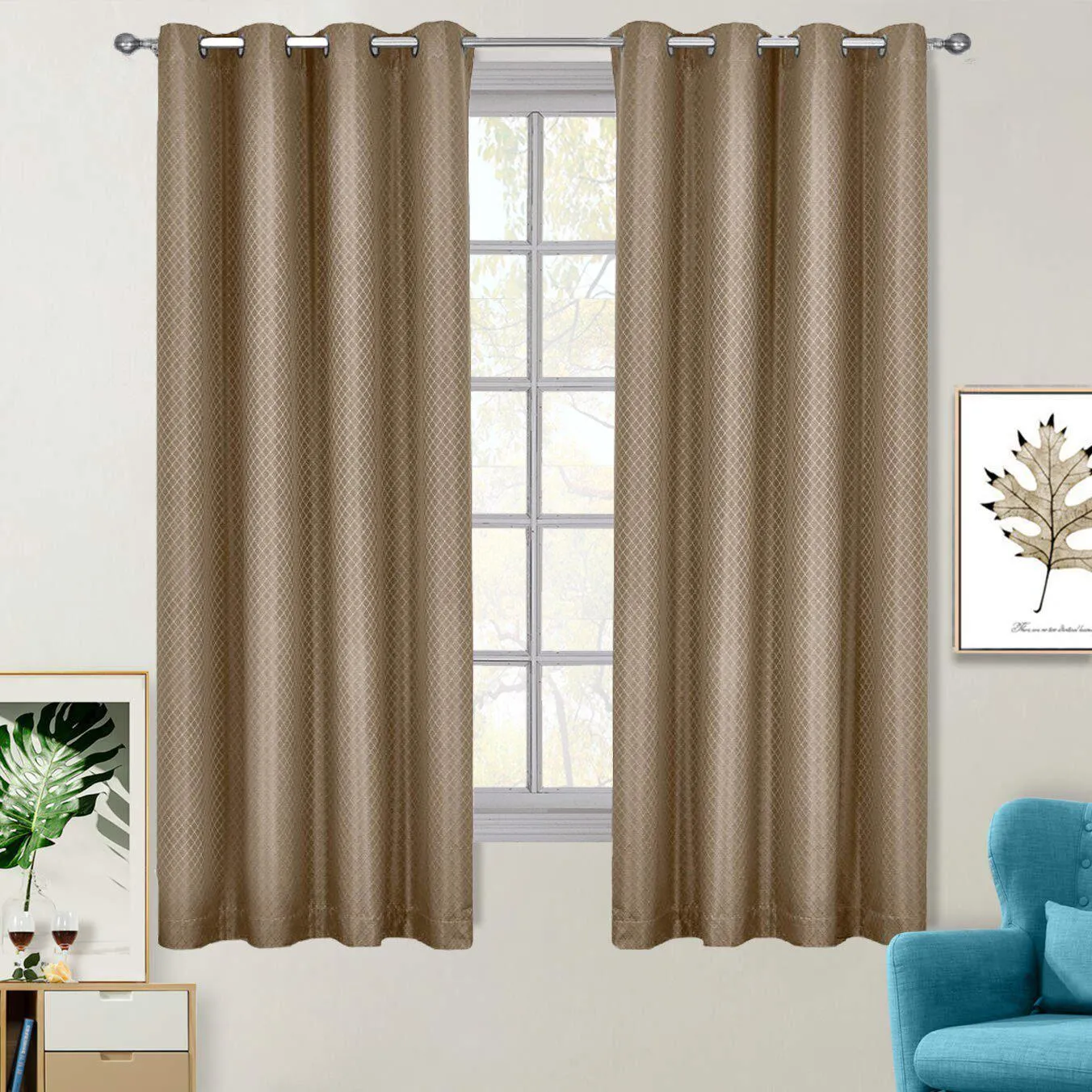 100% Blackout Curtain - Diamond Jacquard Woven Drape Theme (Set of 2)