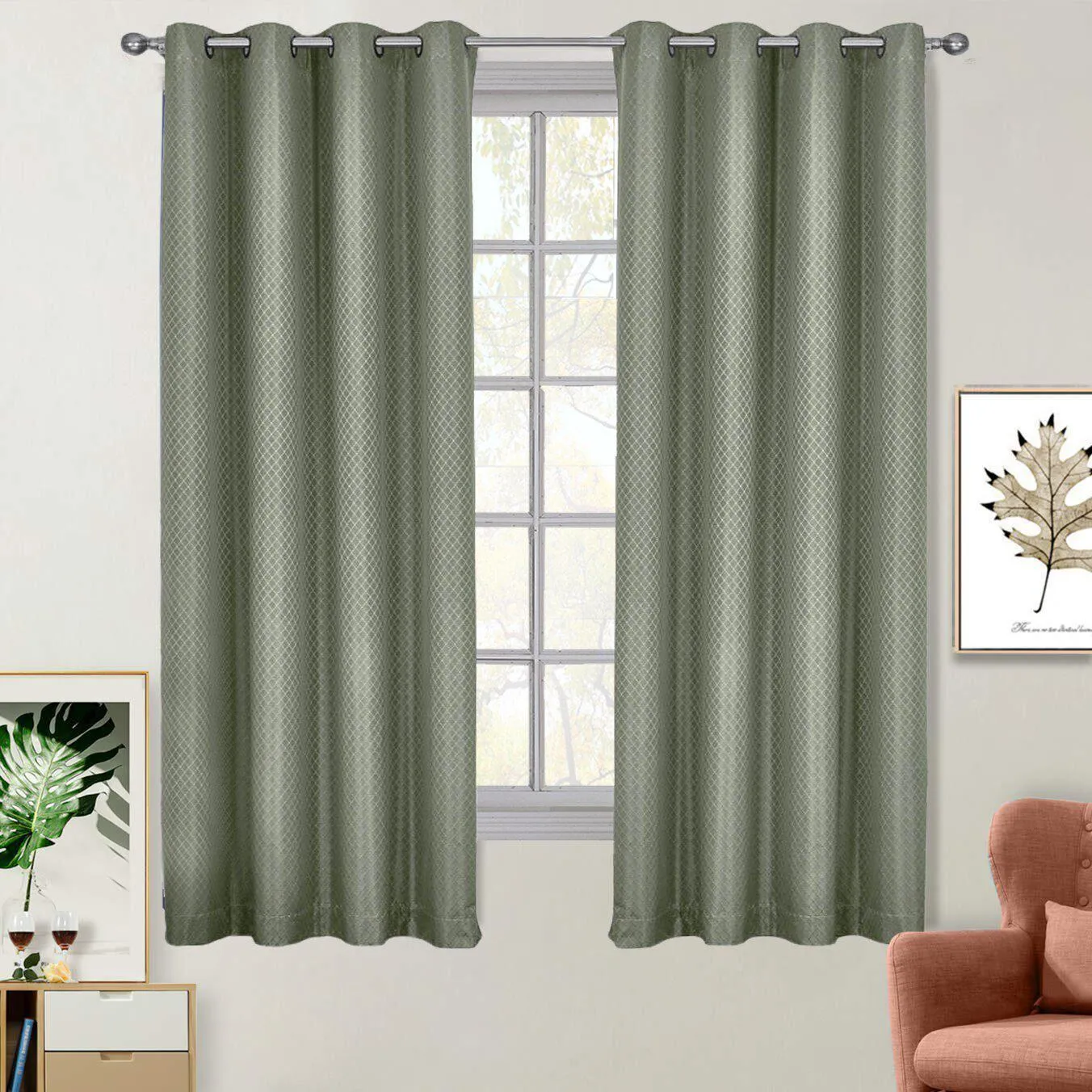 100% Blackout Curtain - Diamond Jacquard Woven Drape Theme (Set of 2)