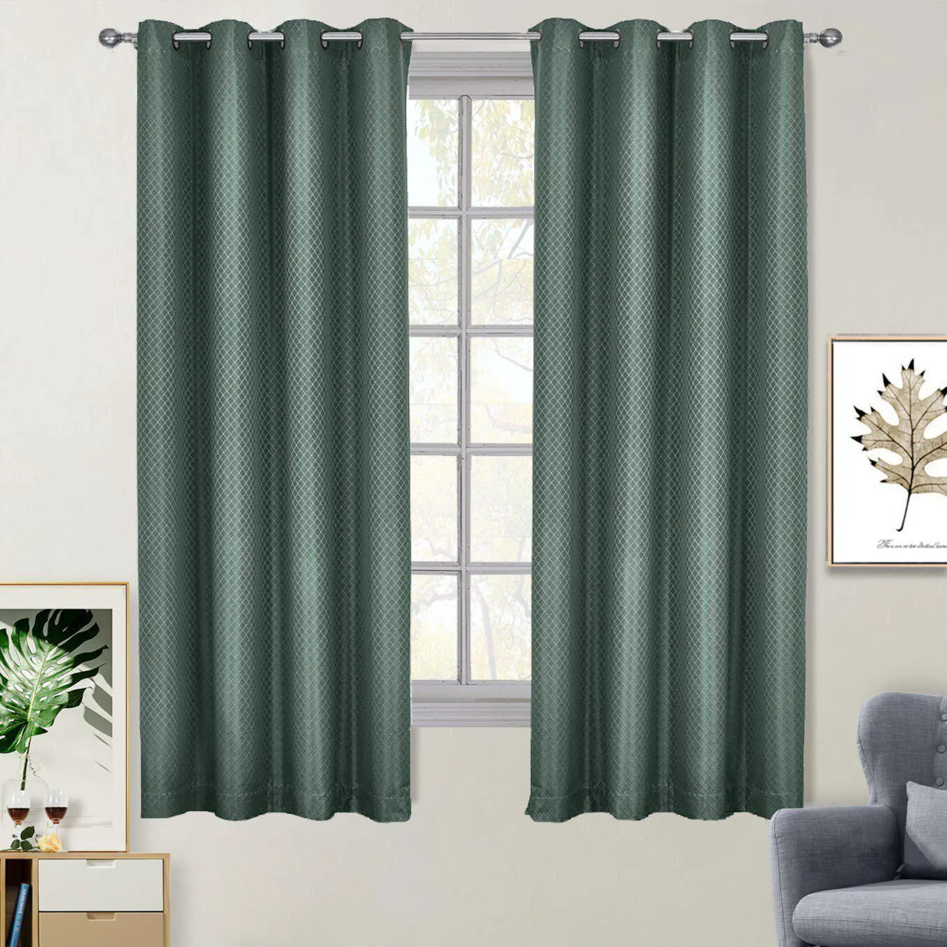 100% Blackout Curtain - Diamond Jacquard Woven Drape Theme (Set of 2)