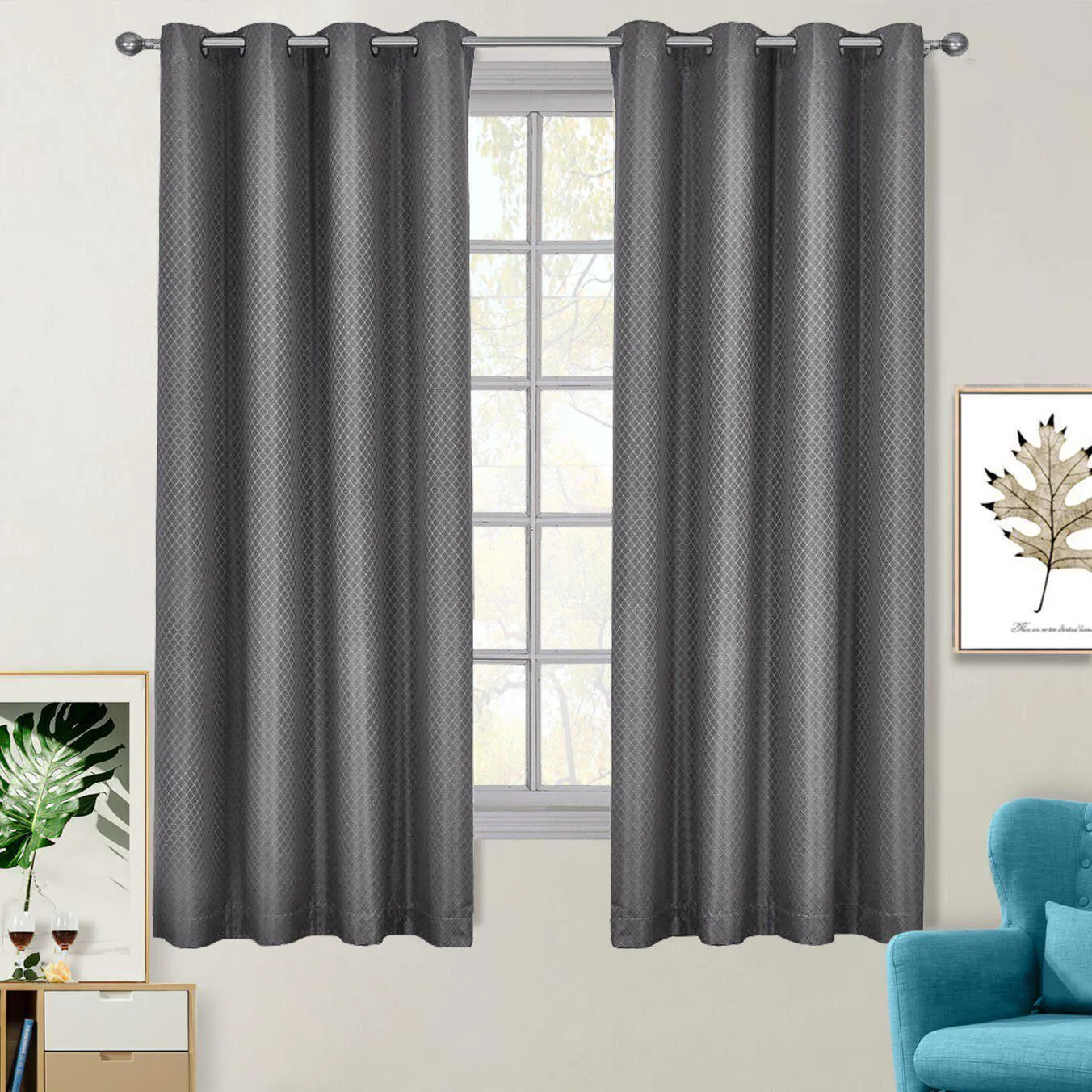 100% Blackout Curtain - Diamond Jacquard Woven Drape Theme (Set of 2)