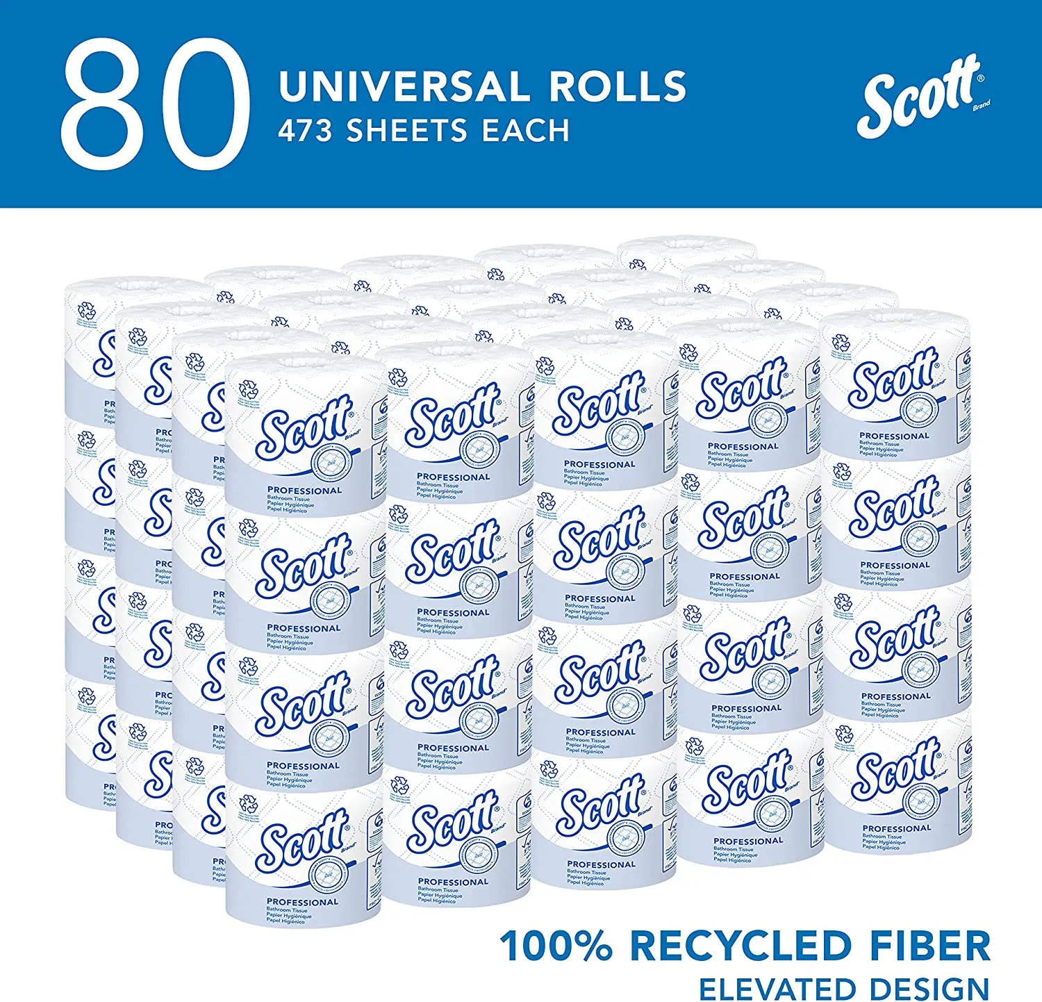 100% Recycled Fiber Standard Roll Bathroom Tissue, 2-Ply, White, 80 Rolls / Case, 473 Sheets / Roll, 37,840 Sheets / Case