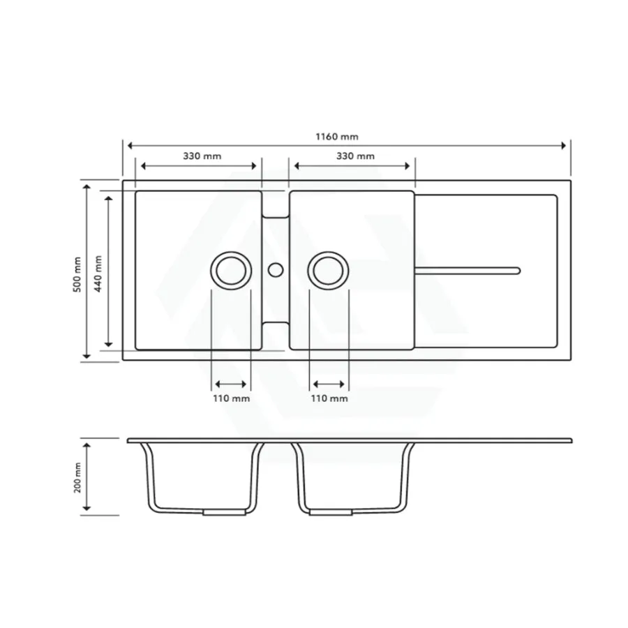 1160x500x200mm Carysil Black Double Bowl with Drainer Board Granite Kitchen Sink Top Mount