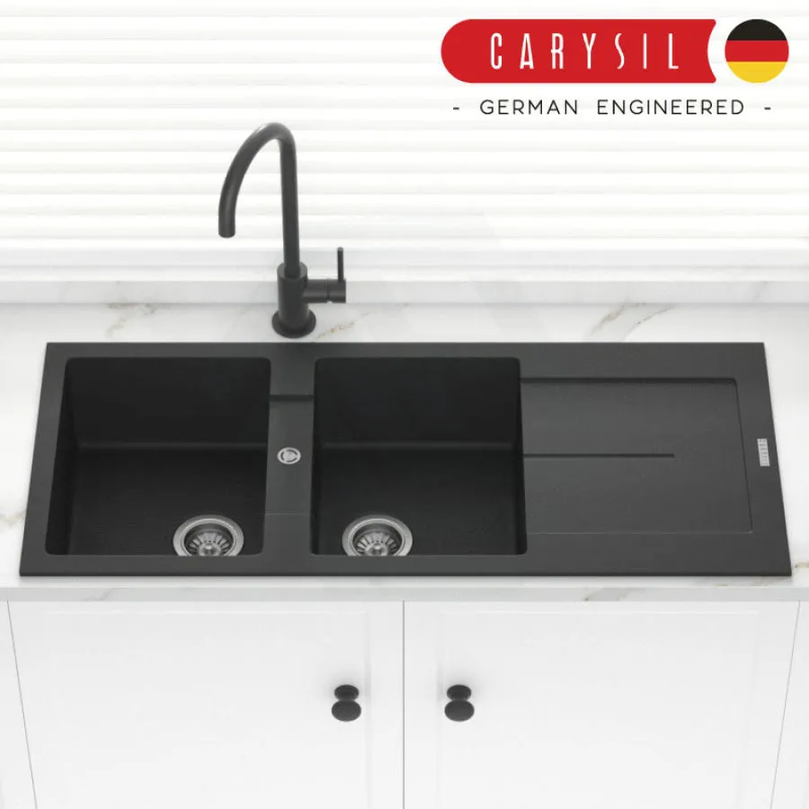 1160x500x200mm Carysil Black Double Bowl with Drainer Board Granite Kitchen Sink Top Mount