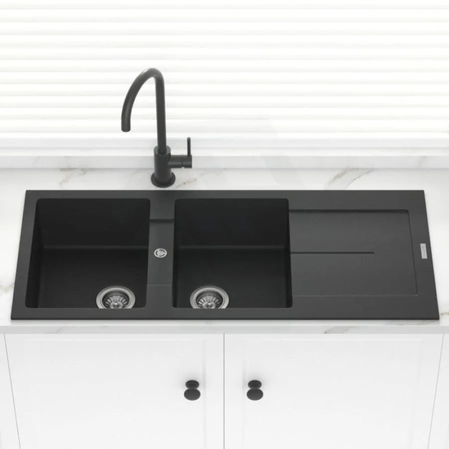 1160x500x200mm Carysil Black Double Bowl with Drainer Board Granite Kitchen Sink Top Mount