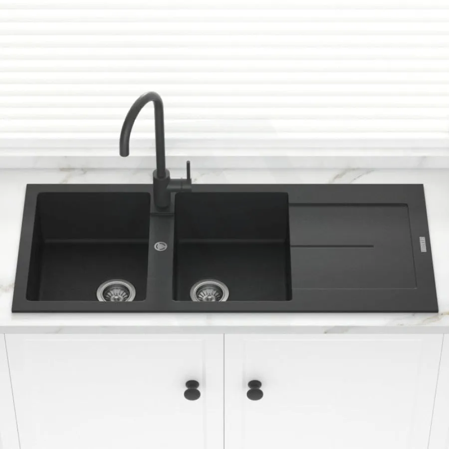 1160x500x200mm Carysil Black Double Bowl with Drainer Board Granite Kitchen Sink Top Mount