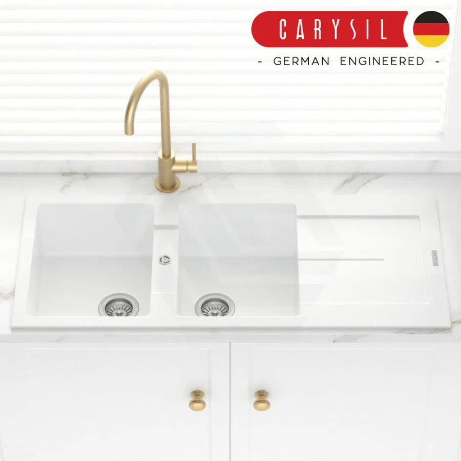 1160x500x200mm Carysil White Double Bowls with Drainer Board Granite Kitchen Sink Top Mount