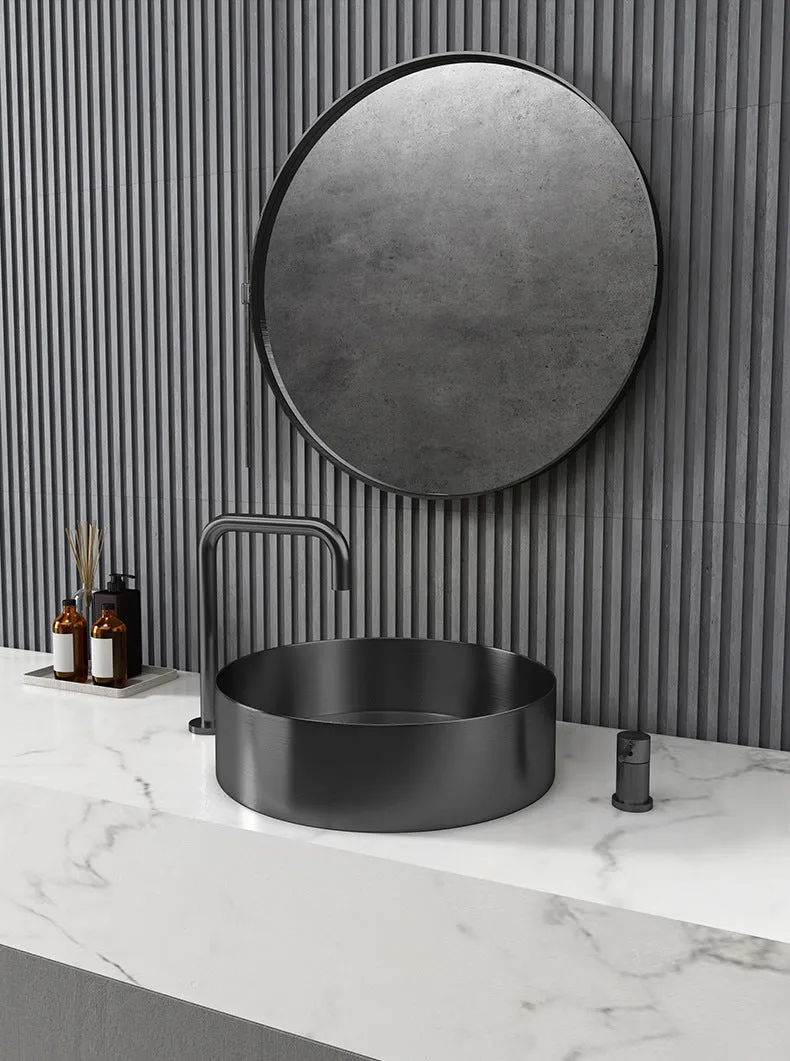 15" Round Stainless Steel Bathroom Vessel Sink with Drain in Black