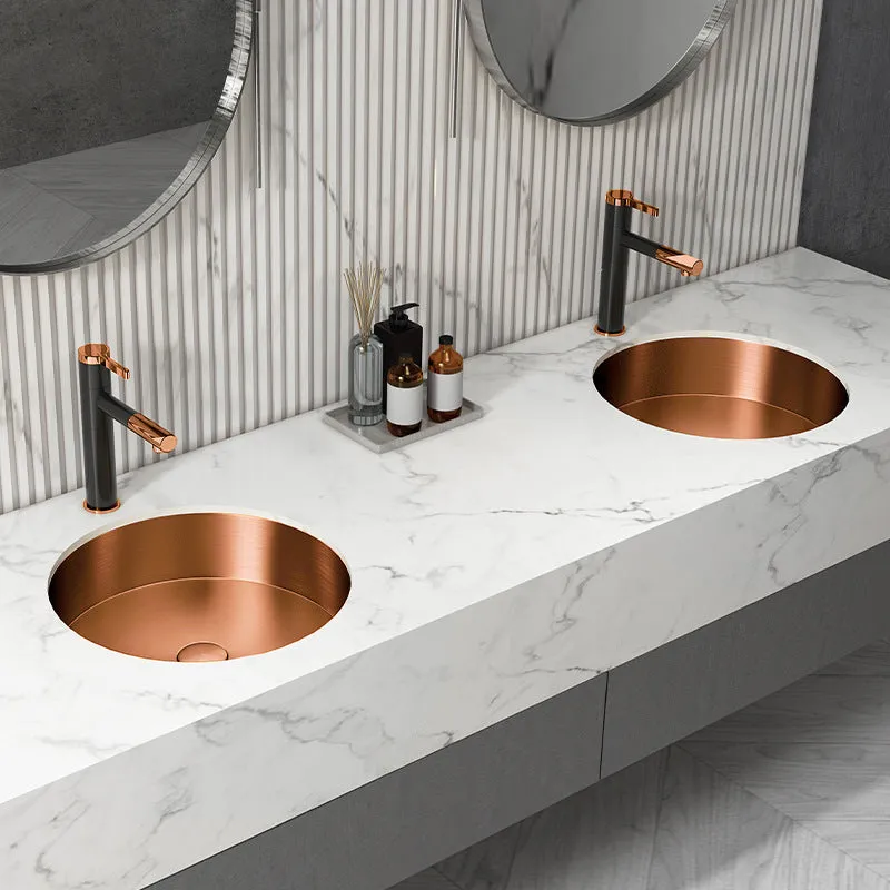 15" Round Stainless Steel Undermount Bathroom Sink with Drain in Rose Gold