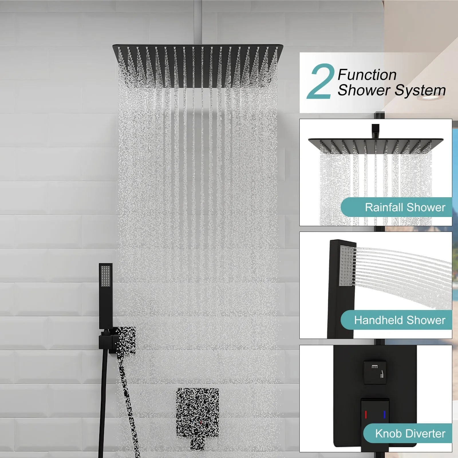 16" Ceiling Mount Square Shower Set with Head Shower & Hand Shower Combo Set