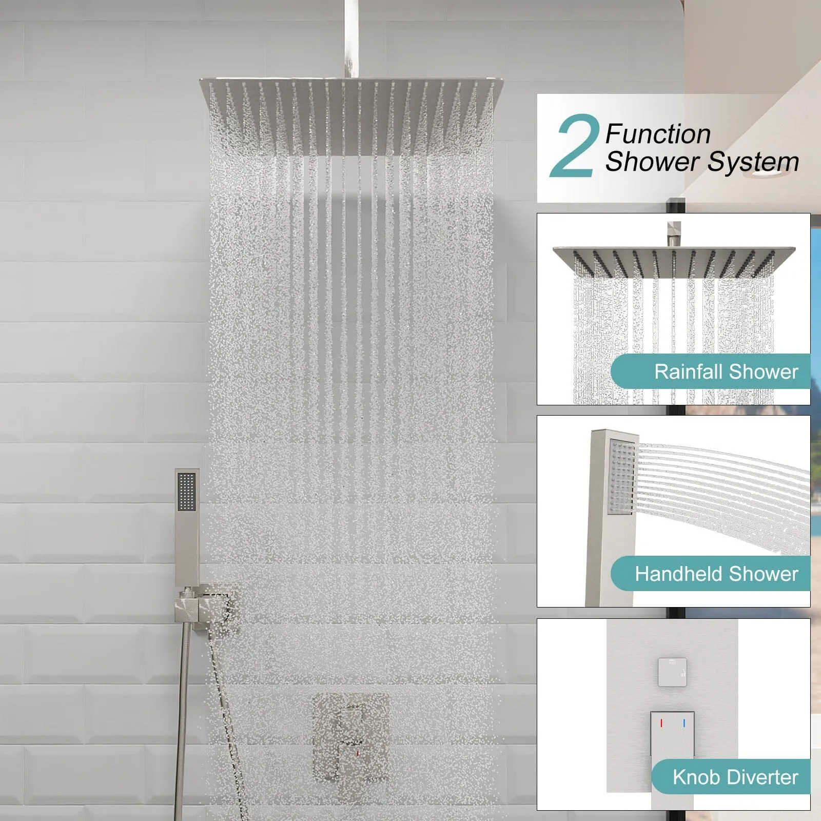 16" Ceiling Mount Square Shower Set with Head Shower & Hand Shower Combo Set