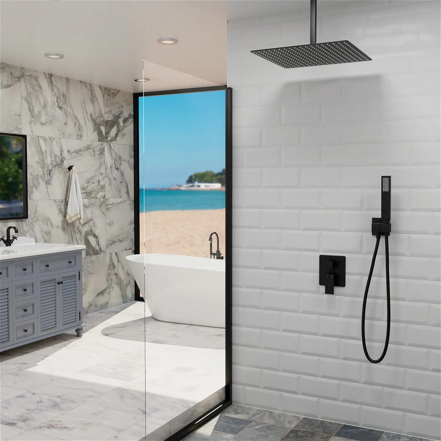 16" Ceiling Mount Square Shower Set with Head Shower & Hand Shower Combo Set