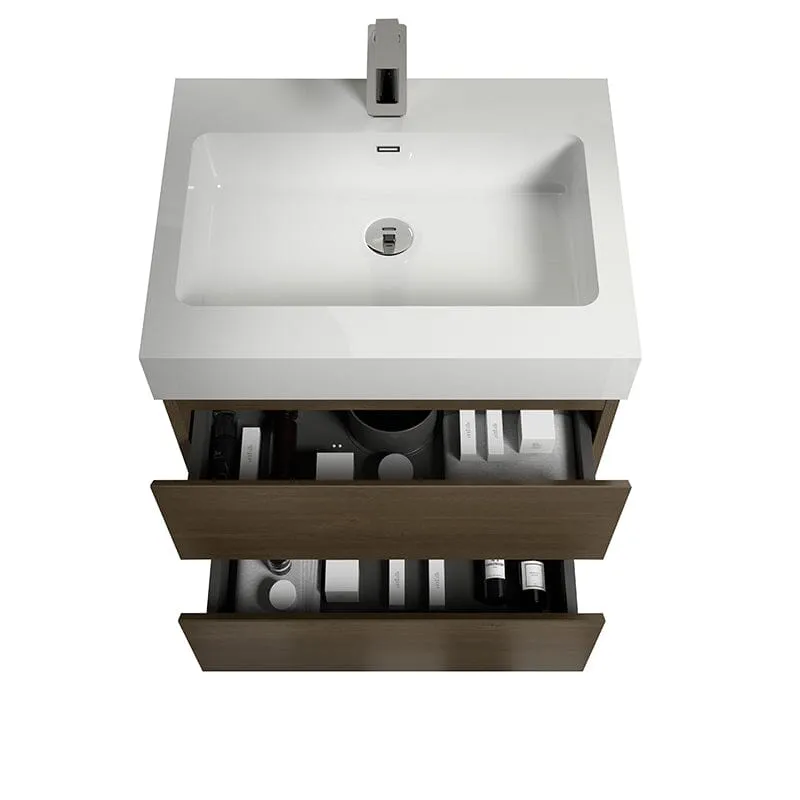 24'' Dark Oak Bathroom Vanity with Sink Wall Mounted One-Piece Sink Cabinet