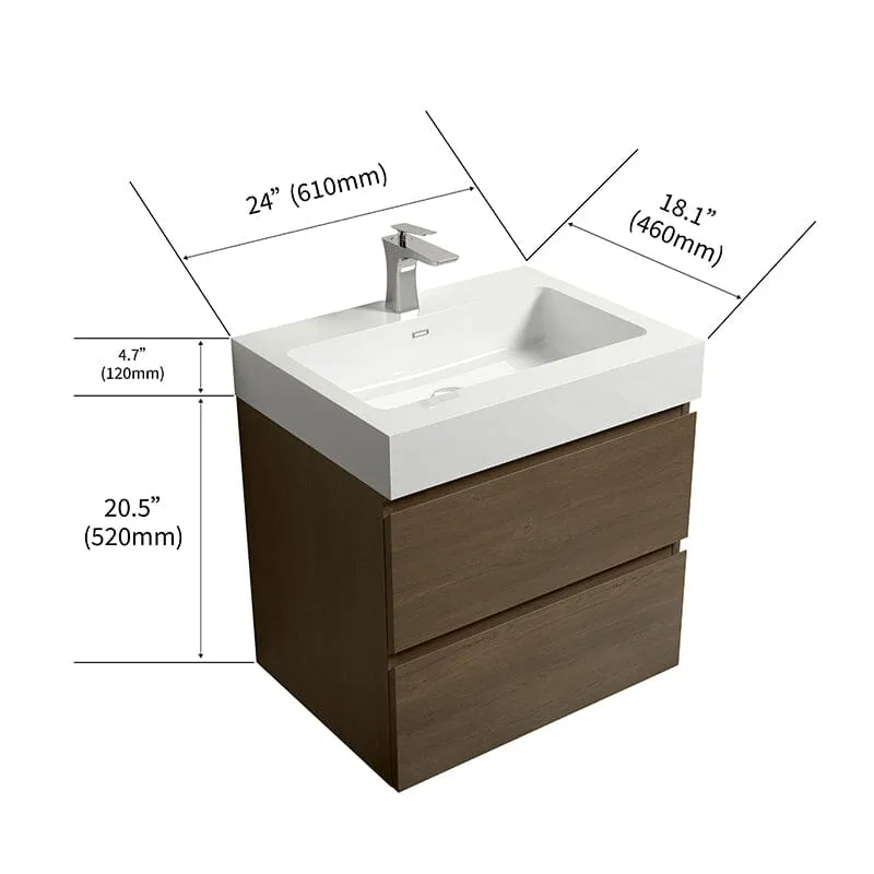 24'' Dark Oak Bathroom Vanity with Sink Wall Mounted One-Piece Sink Cabinet