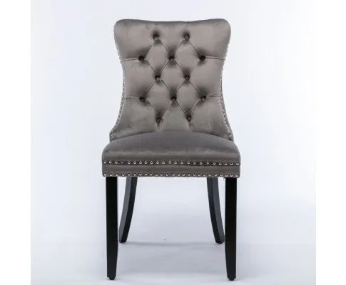 2x Velvet Dining Chairs Upholstered Tufted Kithcen Chair with Solid Wood Legs Stud Trim and Ring-Gray