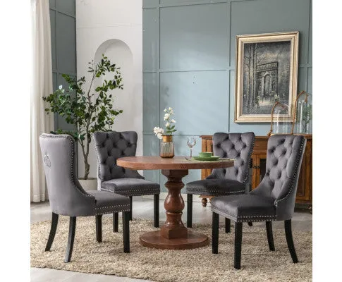 2x Velvet Dining Chairs Upholstered Tufted Kithcen Chair with Solid Wood Legs Stud Trim and Ring-Gray