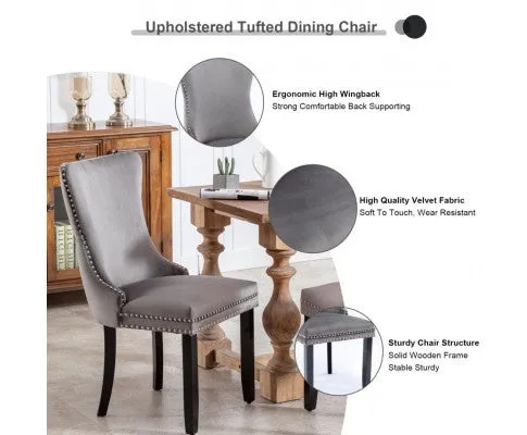 2x Velvet Upholstered Dining Chairs Tufted Wingback Side Chair with Studs Trim Solid Wood Legs for Kitchen