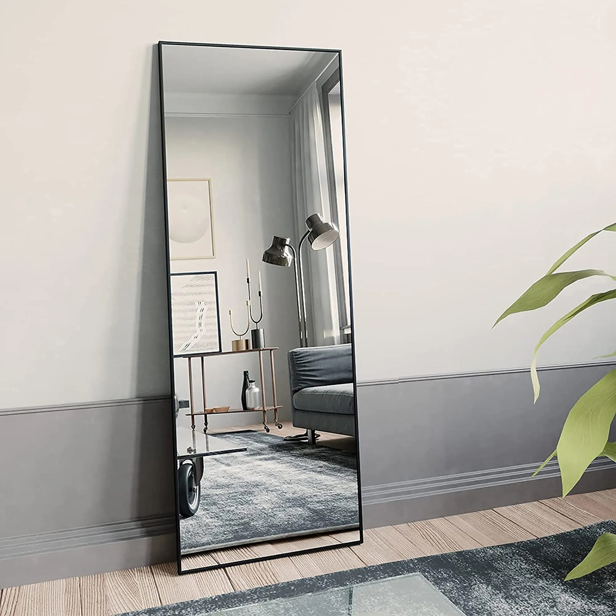 64"x21" Full Length Mirror Floor Mirror with Standing Holder Bedroom/Locker Room Standing/Hanging Mirror Dressing Mirror Wall-Mounted Mirror（Bluck）