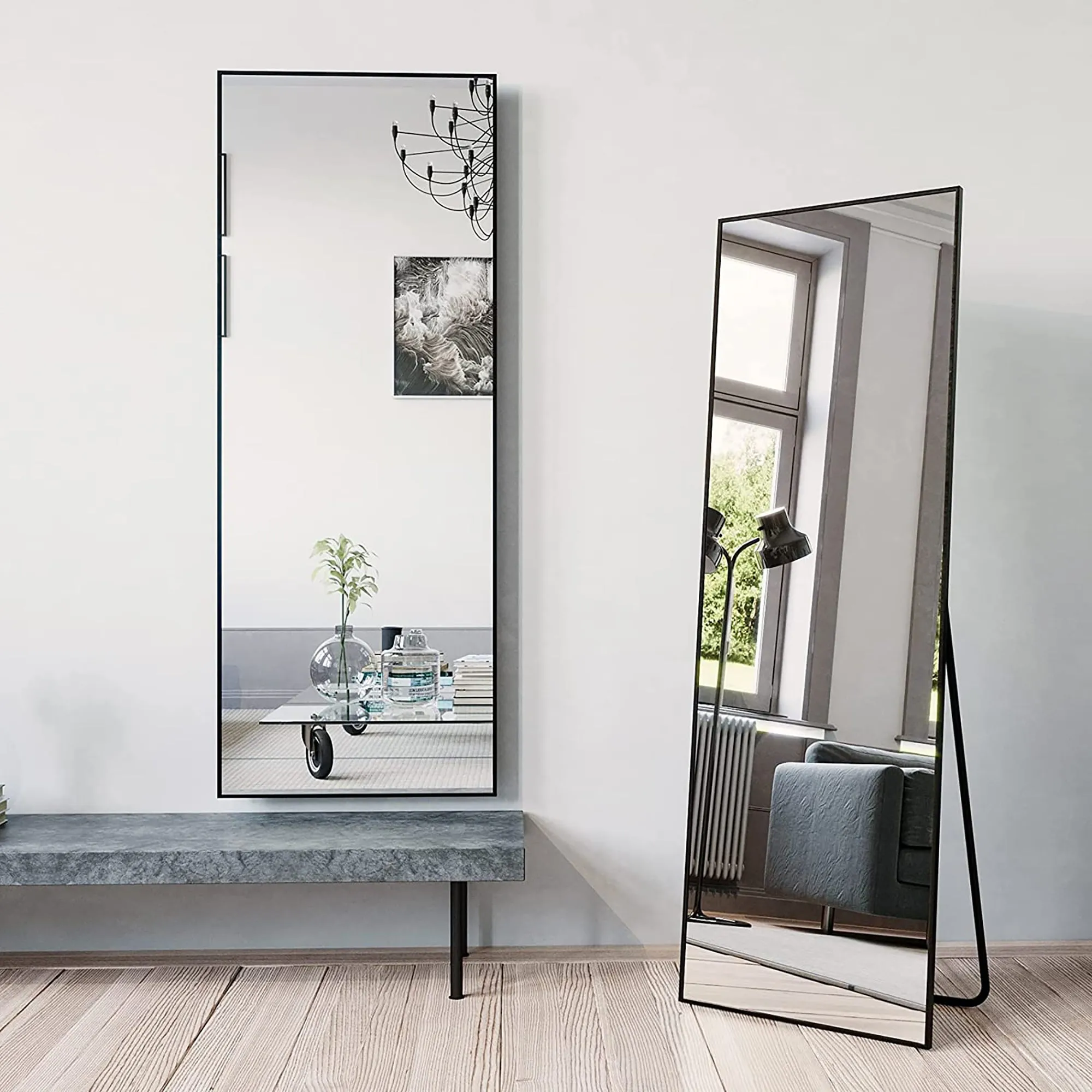 64"x21" Full Length Mirror Floor Mirror with Standing Holder Bedroom/Locker Room Standing/Hanging Mirror Dressing Mirror Wall-Mounted Mirror（Bluck）