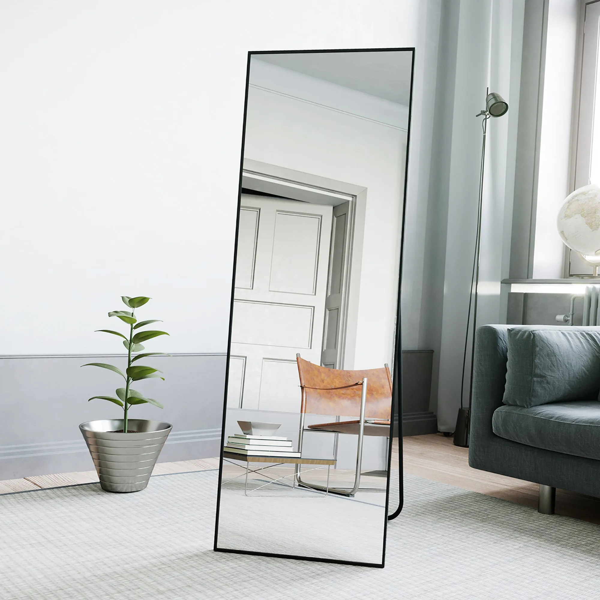 64"x21" Full Length Mirror Floor Mirror with Standing Holder Bedroom/Locker Room Standing/Hanging Mirror Dressing Mirror Wall-Mounted Mirror（Bluck）