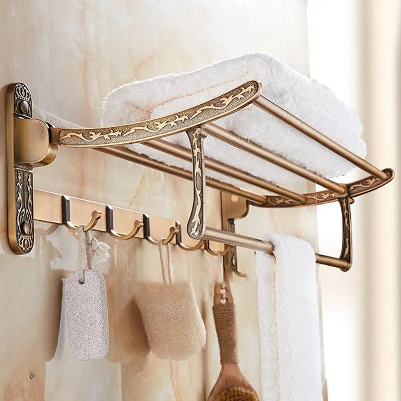 Antique Brass Double Towel Shelf With Hooks Bathroom Accessories