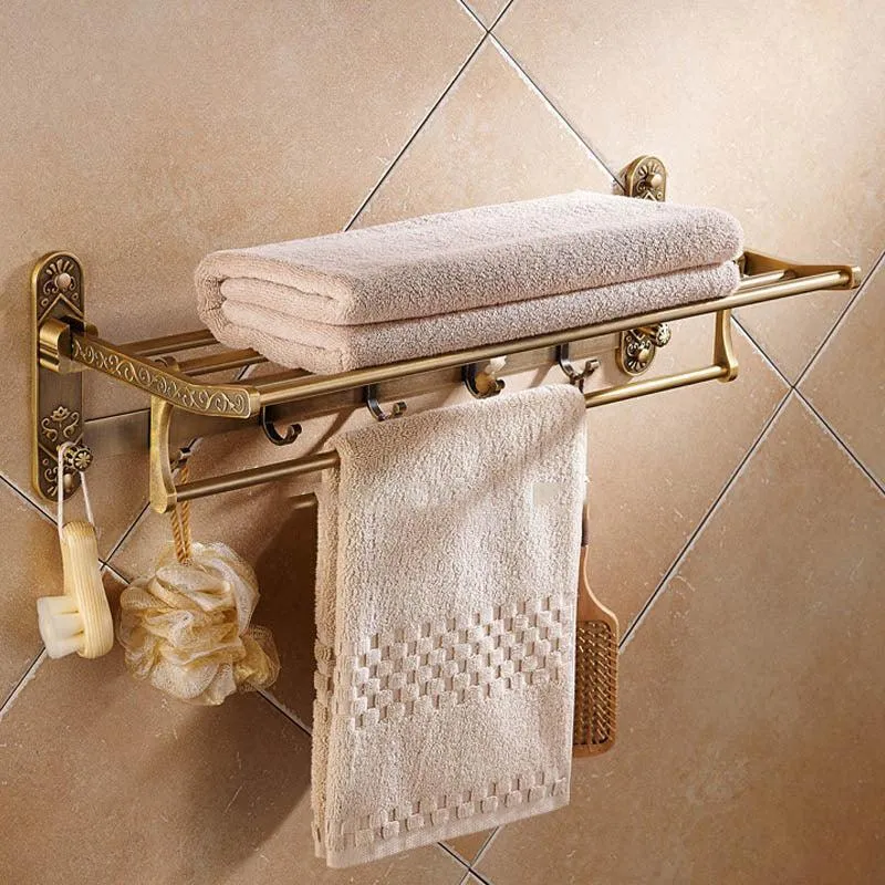 Antique Brass Double Towel Shelf With Hooks Bathroom Accessories