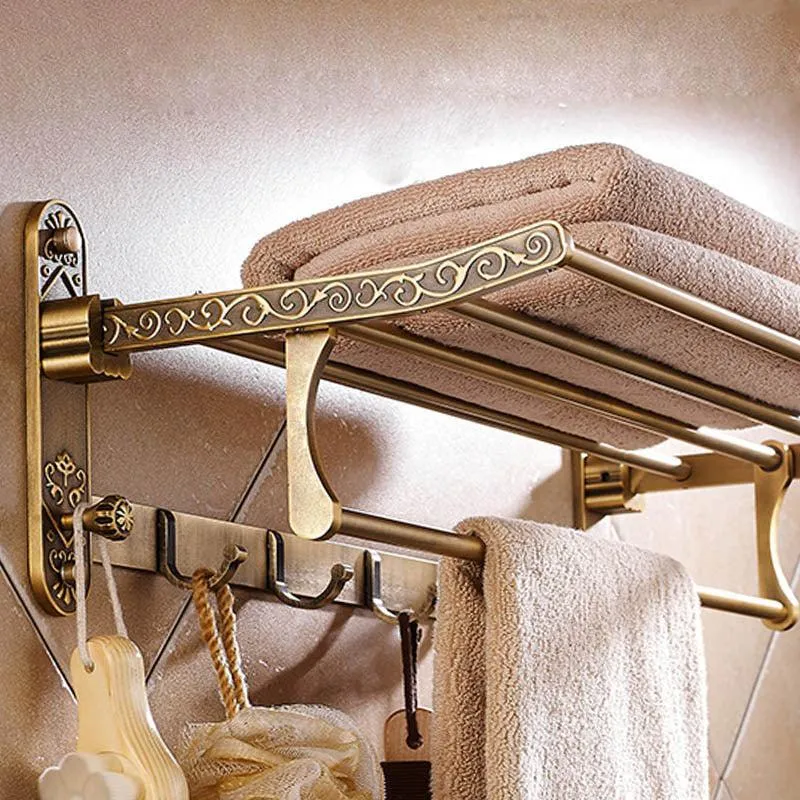 Antique Brass Double Towel Shelf With Hooks Bathroom Accessories