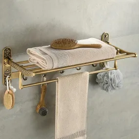 Antique Brass Double Towel Shelf With Hooks Bathroom Accessories