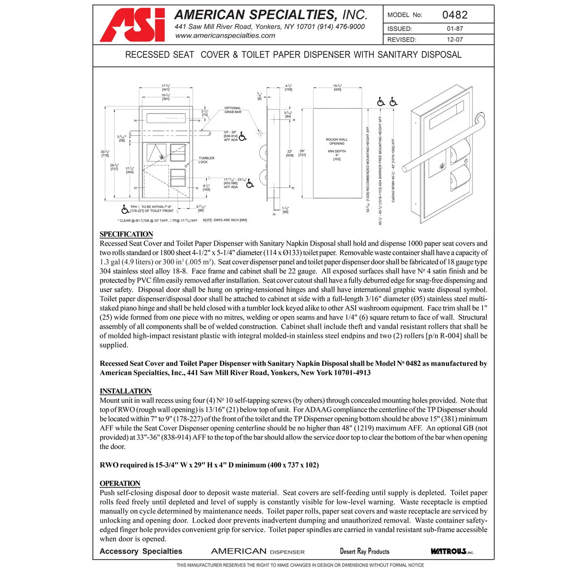 ASI 0482 Commercial Seat-Cover/ Toilet Paper Dispenser and Waste Receptacle, Recessed-Mounted, Stainless Steel