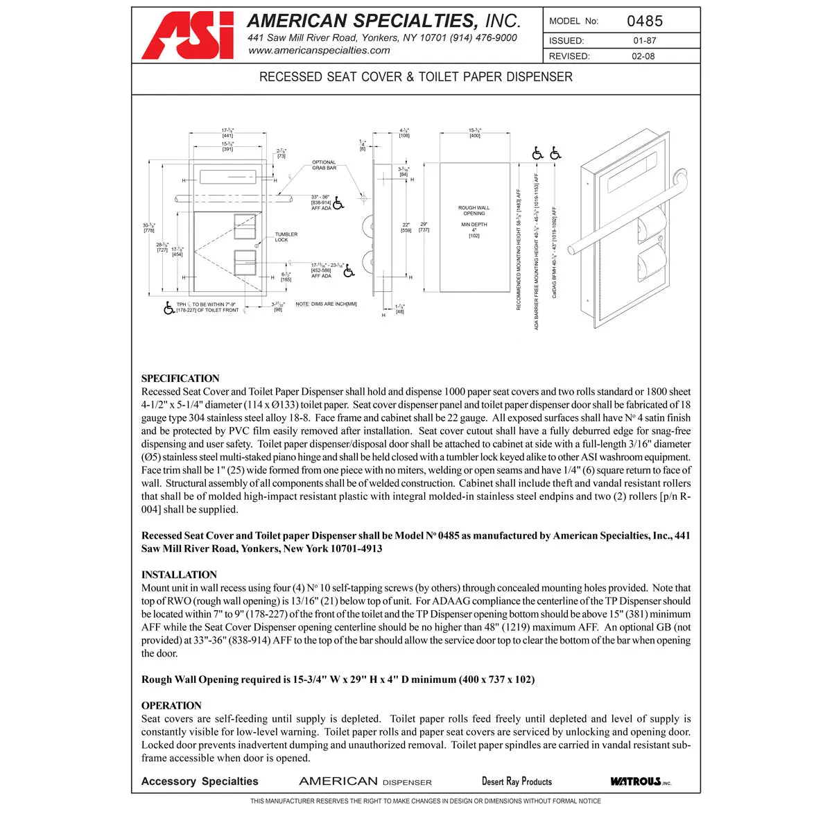 ASI 0485 Commercial Seat-Cover Dispenser/Toilet Paper Dispenser, Recessed-Mounted, Stainless Steel