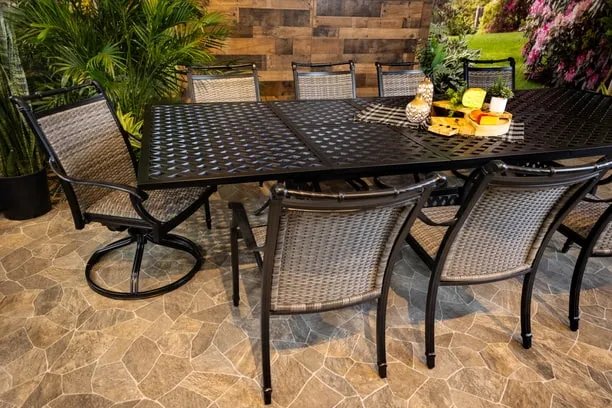 BIMINI 11 PIECE DINING SET - 48" x 84"-127" Extension Weave Dining Table, 8 Chairs and 2 Swivel Chairs