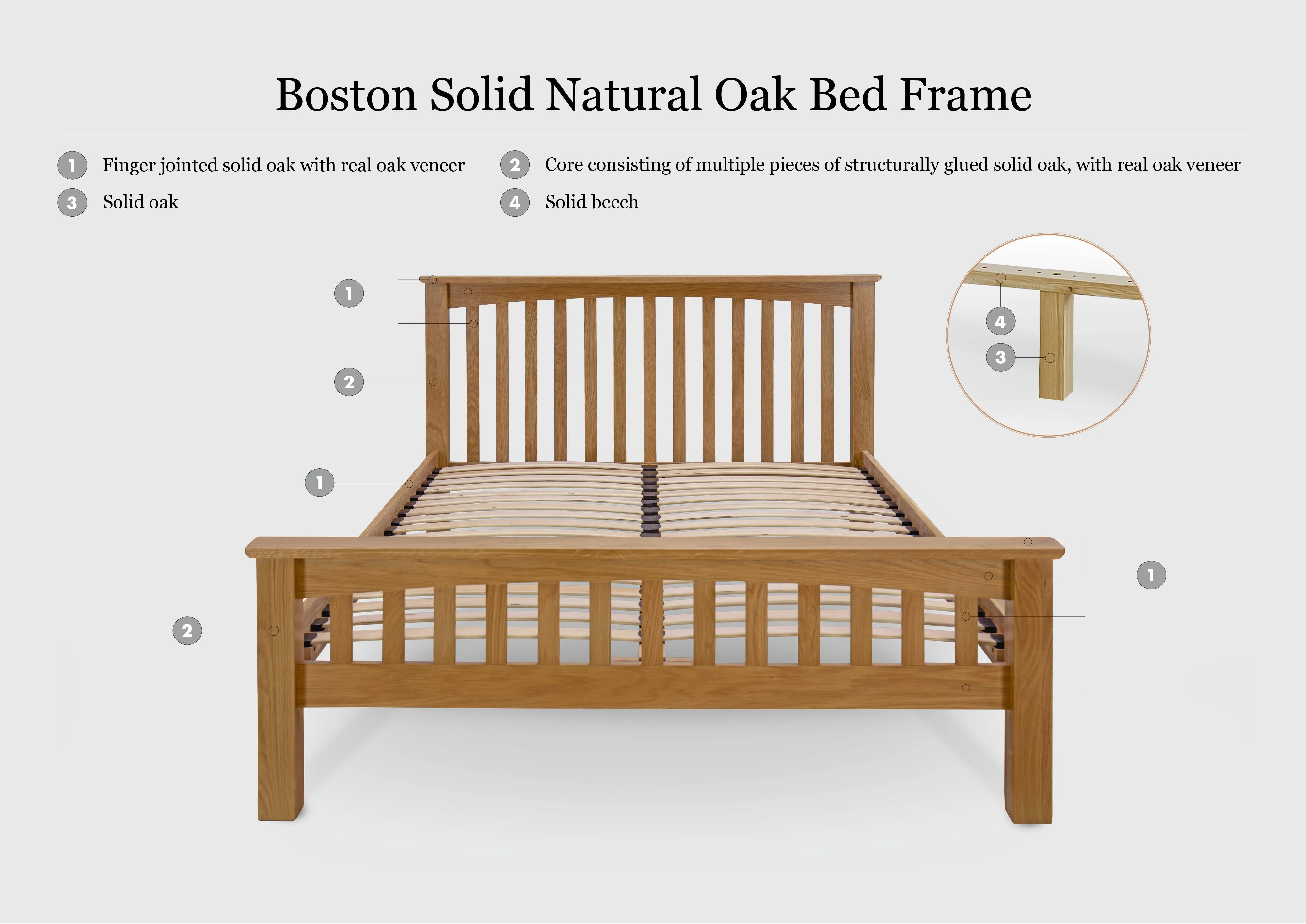 Boston Solid Natural Oak Bed Frame - 6ft Super King