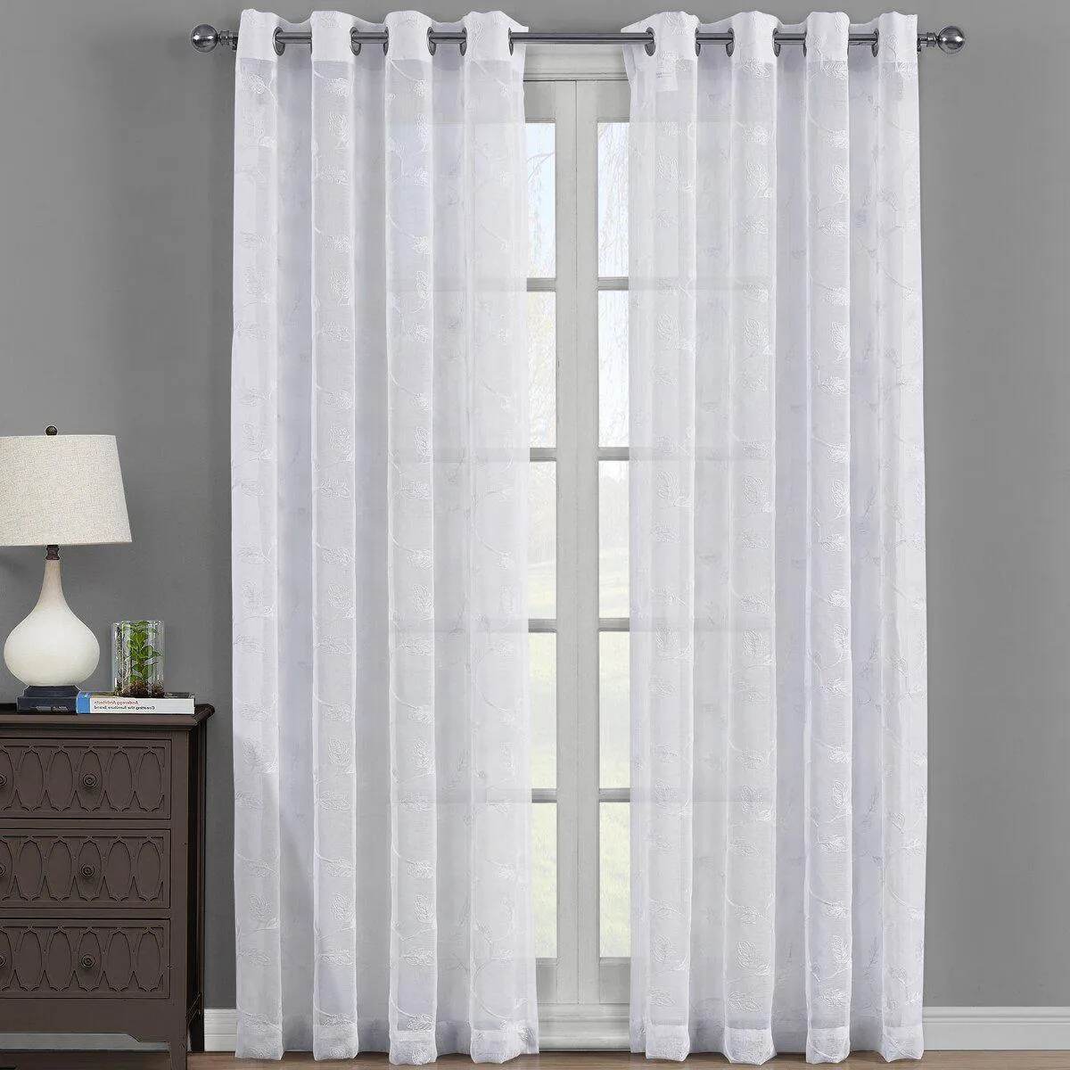 Brook Embroidered Grommet Top Sheer Window Curtain Pair (Set of 2 )