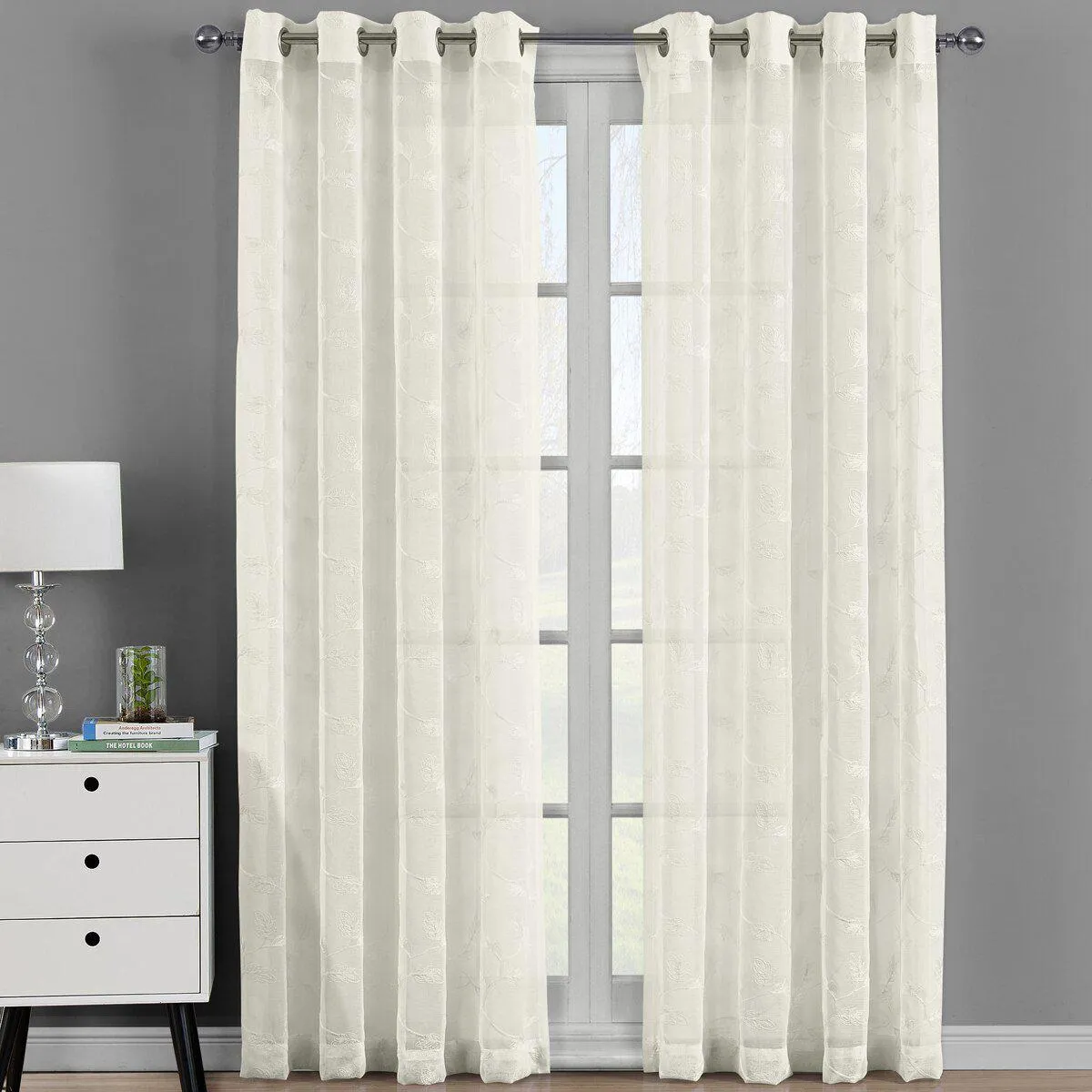 Brook Embroidered Grommet Top Sheer Window Curtain Pair (Set of 2 )