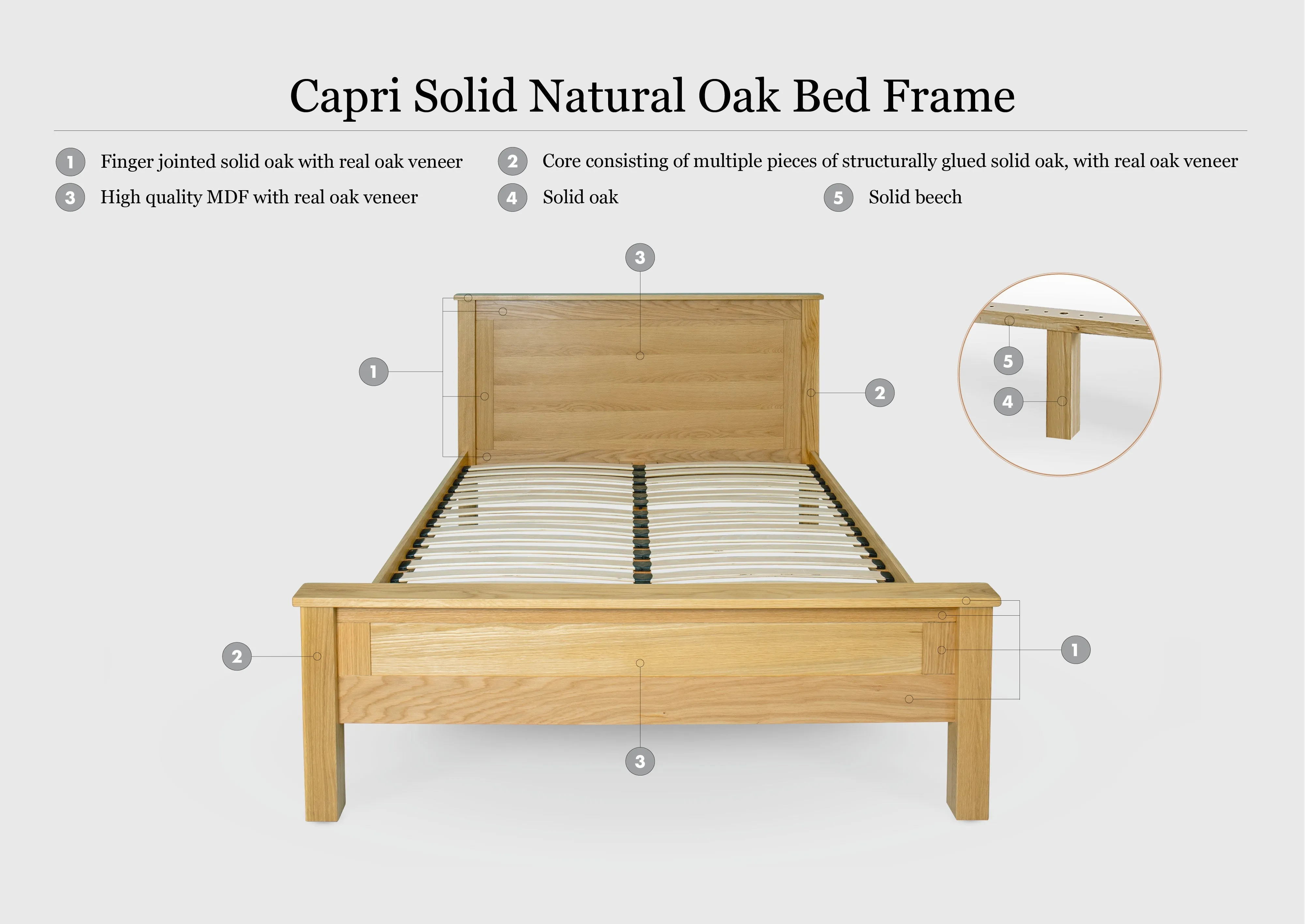 Capri Solid Natural Oak Bed Frame - 4ft6 Double