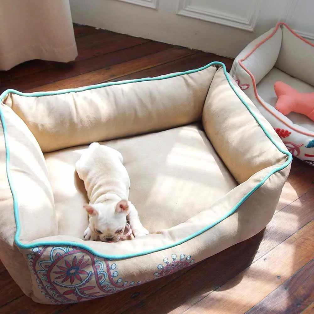 Cover-removable and Washable Paisley Inspired Embroidery Microsuede Dog Bed