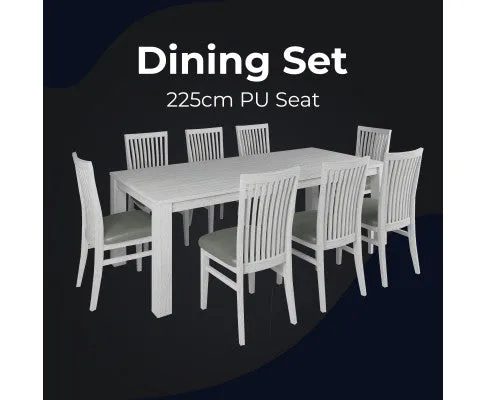 Foxglove 9pc Dining Set 225cm Table 8 PU Seat Chair Solid Mt Ash Wood - White