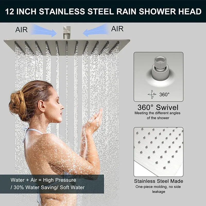 Giving Tree 12" Wall Mount Square Shower Systems with Head Shower & Hand Shower Combo Set