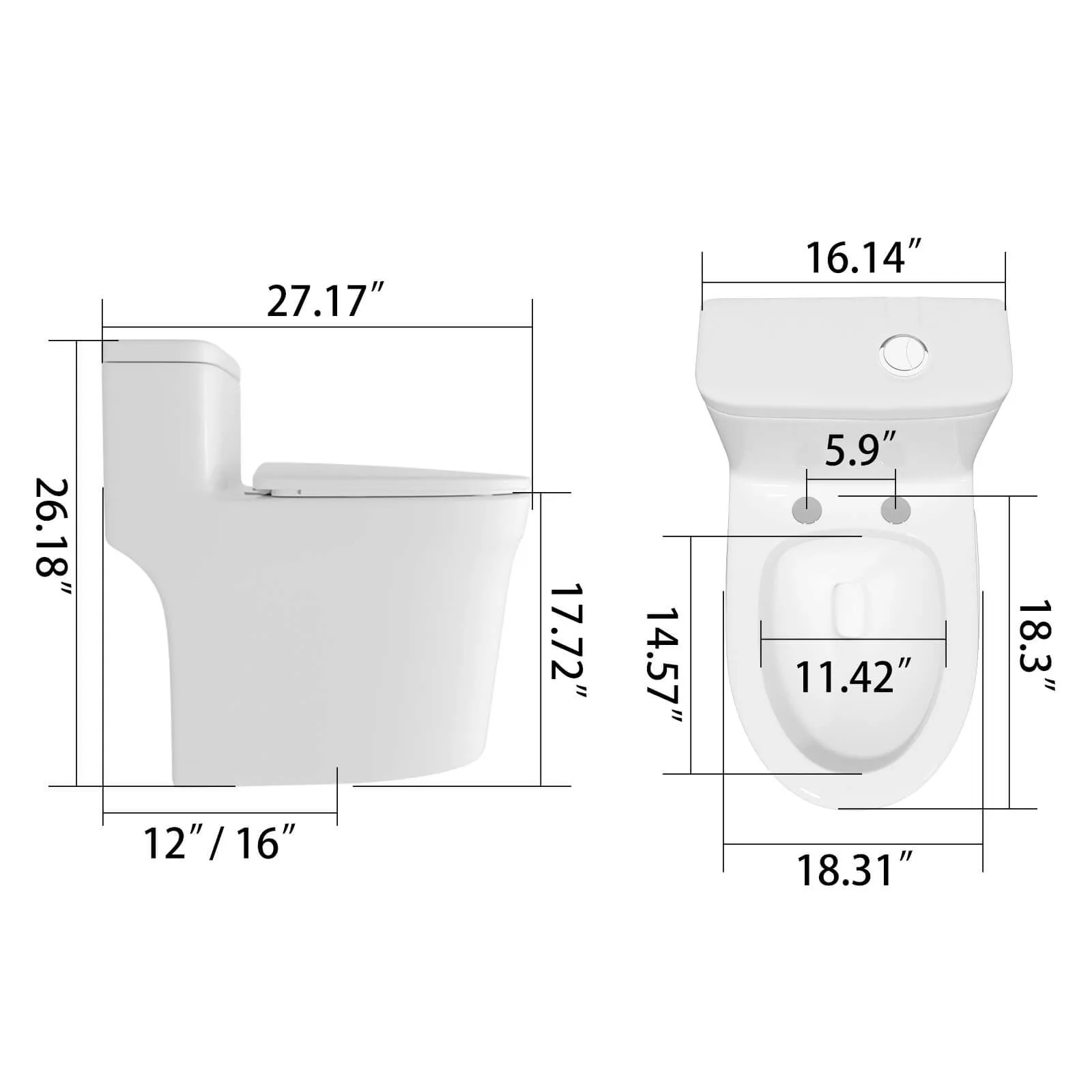 GIVINGTREE Modern Elongated 17.7'' Seat Height One-Piece Toilet with 1.1GPF/1.6 GPF Dual Flushing