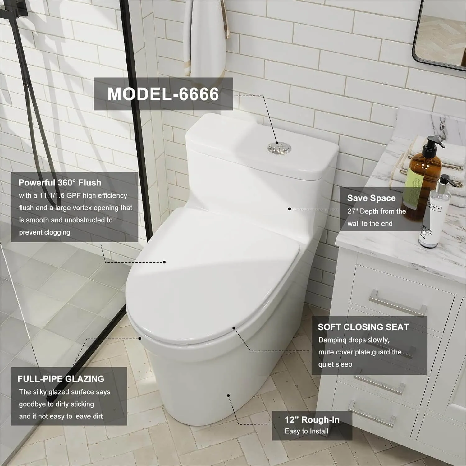 GIVINGTREE Modern Elongated 17.7'' Seat Height One-Piece Toilet with 1.1GPF/1.6 GPF Dual Flushing