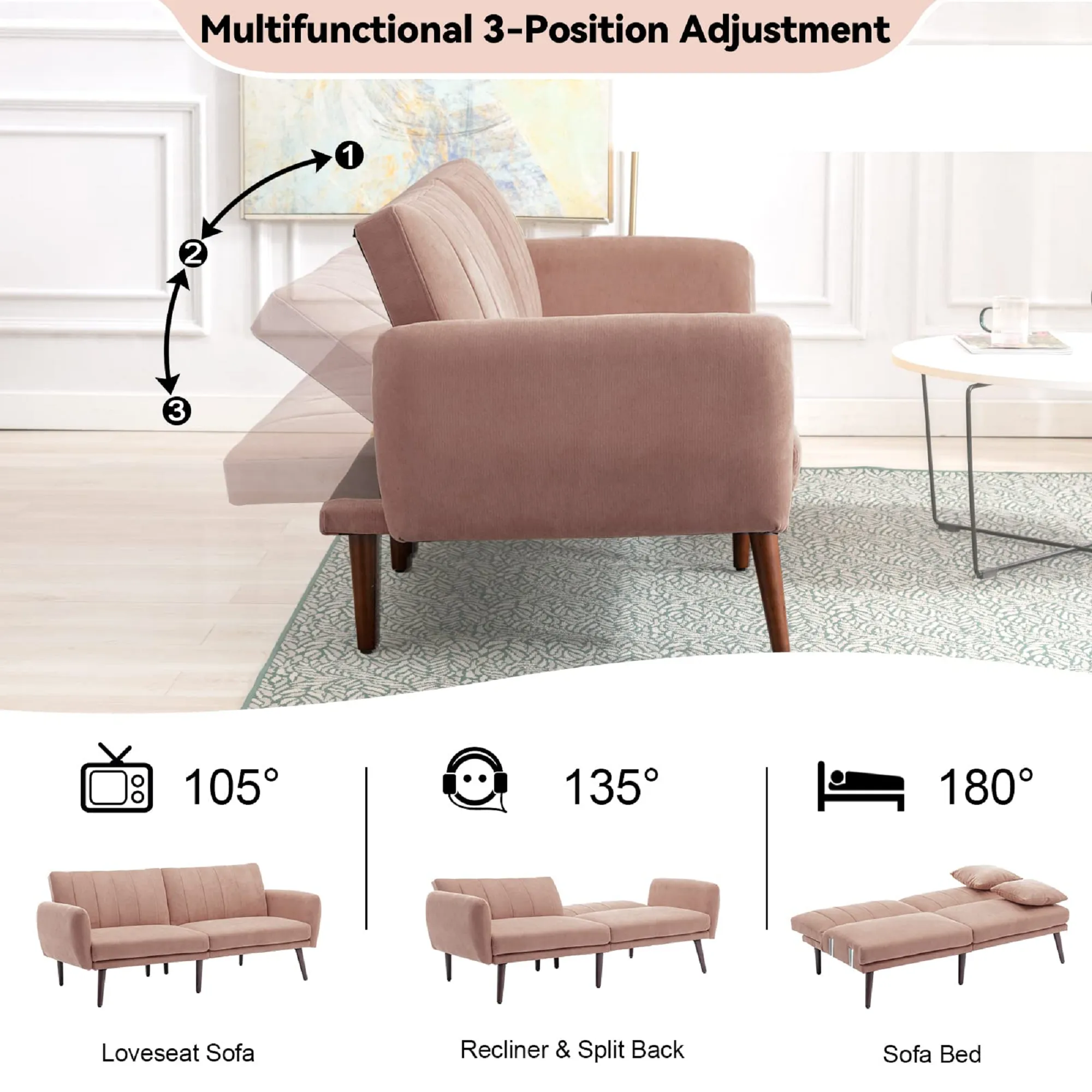 Homrest Convertible Linen Fabric Folding Recliner Futon Modern Adjustable Sleeper Sofa Loveseat Daybed for Living Room(Pink)