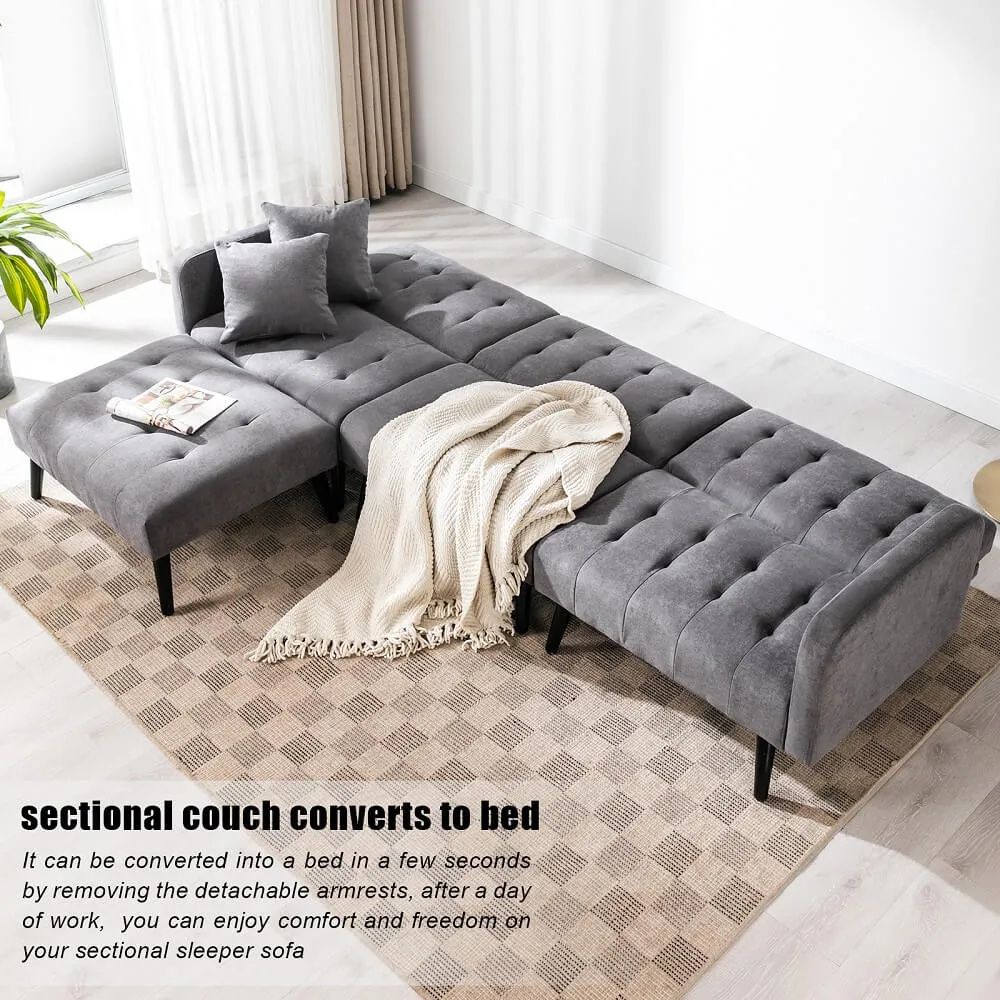 Homrest Linen Sectional Convertible Sofa Bed, L-Shaped Reversible Sleeper, Dark Grey