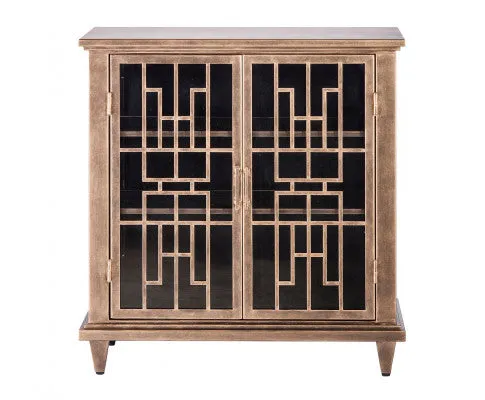 Iron Glass Buffet Sideboard Cabinet with 3 Level Storage in Brass Finish