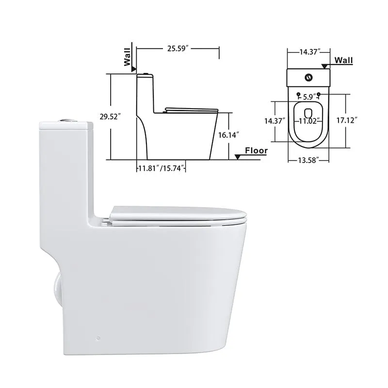 Modern Small One-Piece Floor Mount Toilet 1.1/1.6 GPF Dual Flush and Soft Close Seat