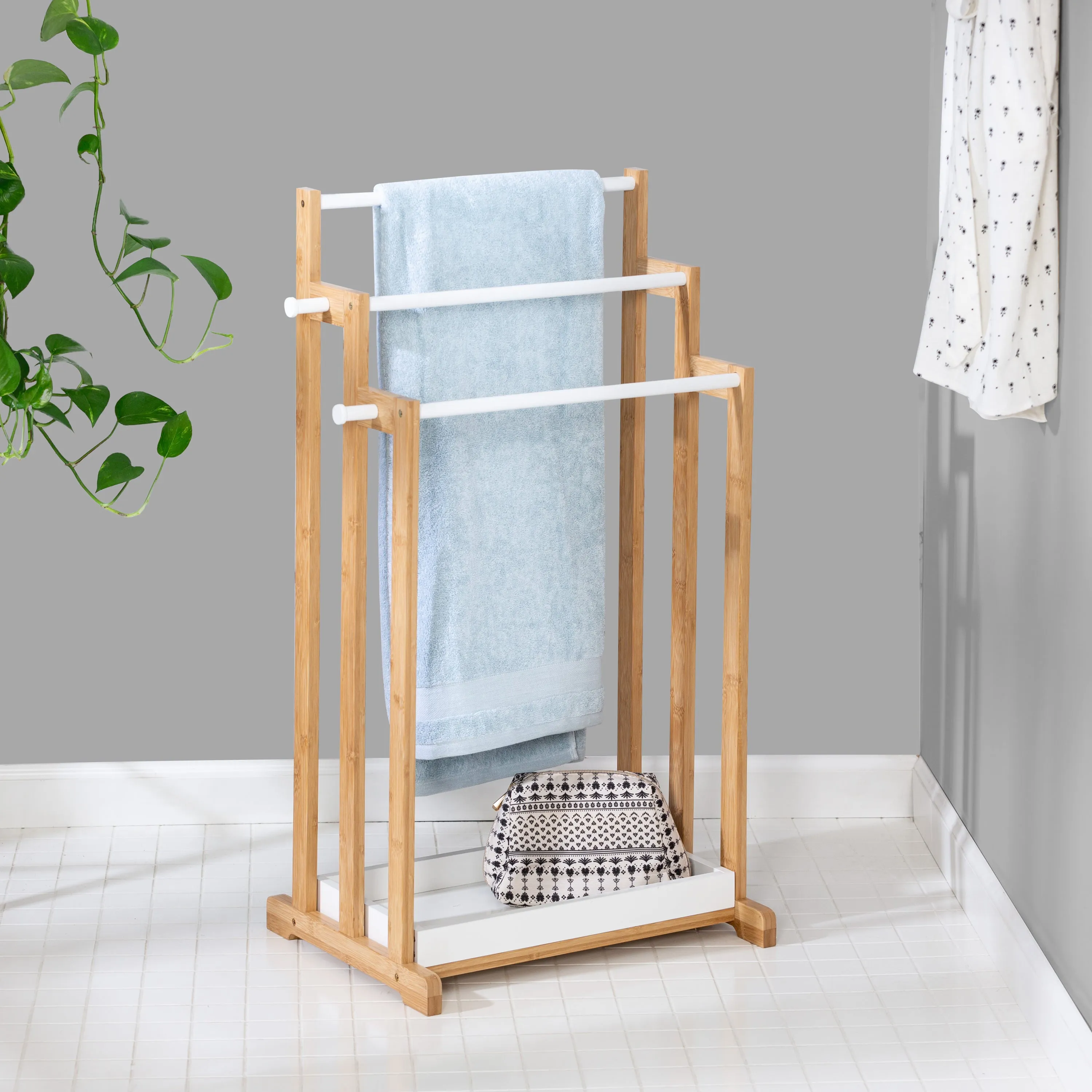 Natural/White Bamboo 3-Tier Freestanding Bath Towel Rack