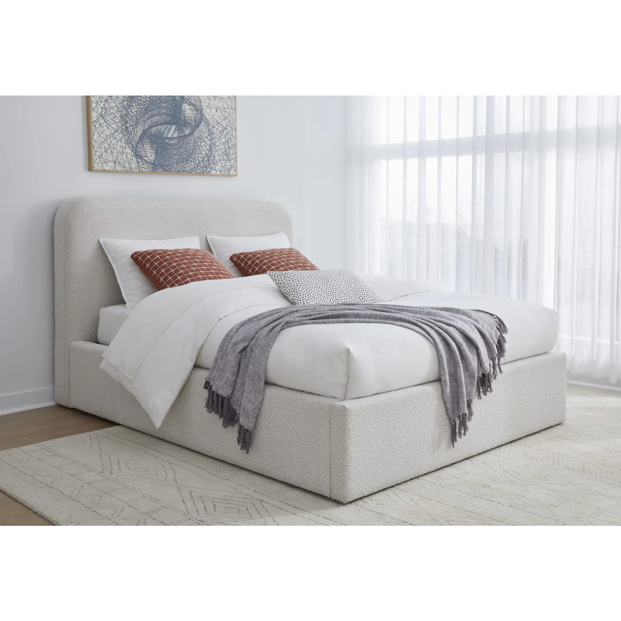 Off-White Upholstered Platform Bed in Ricotta Boucle