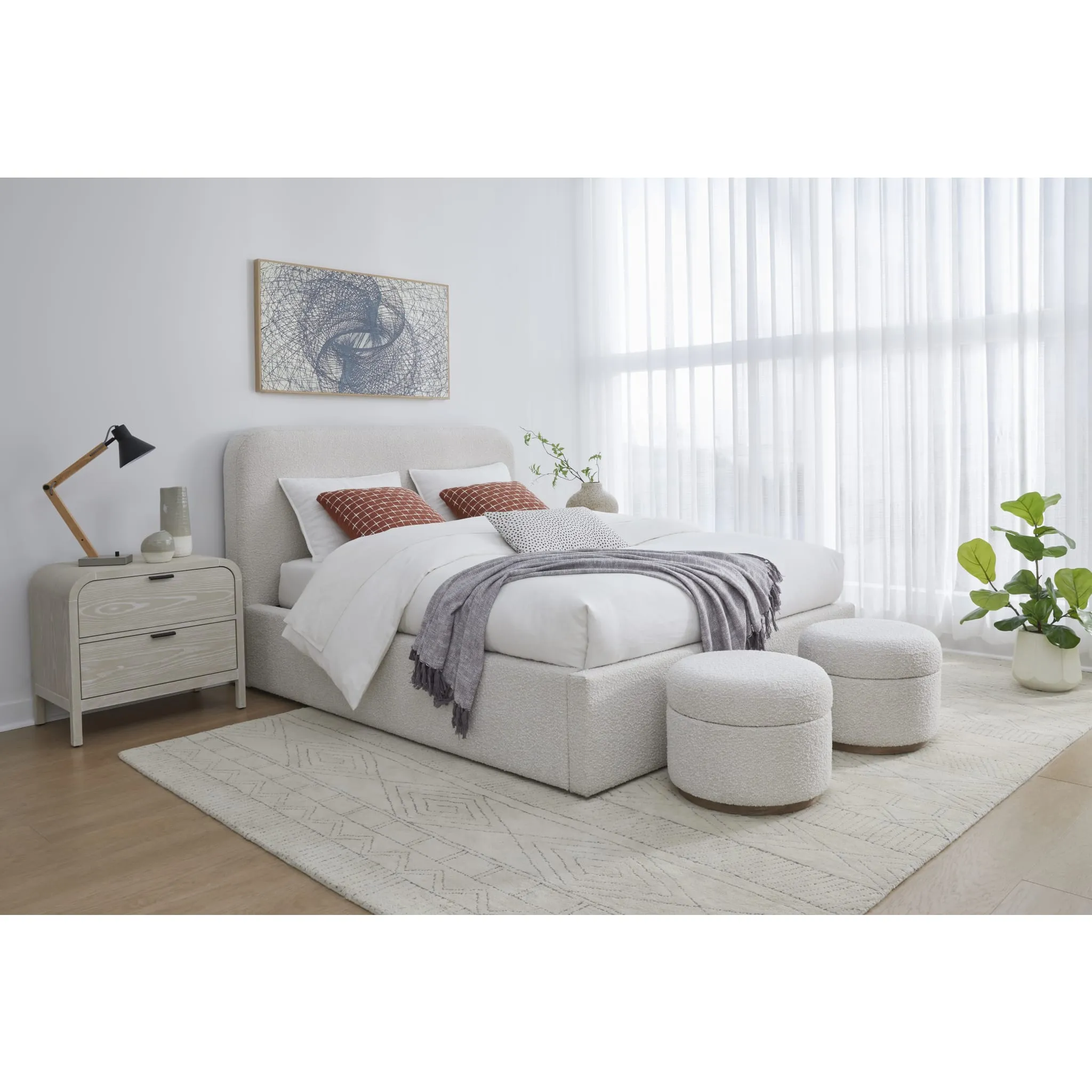 Off-White Upholstered Platform Bed in Ricotta Boucle