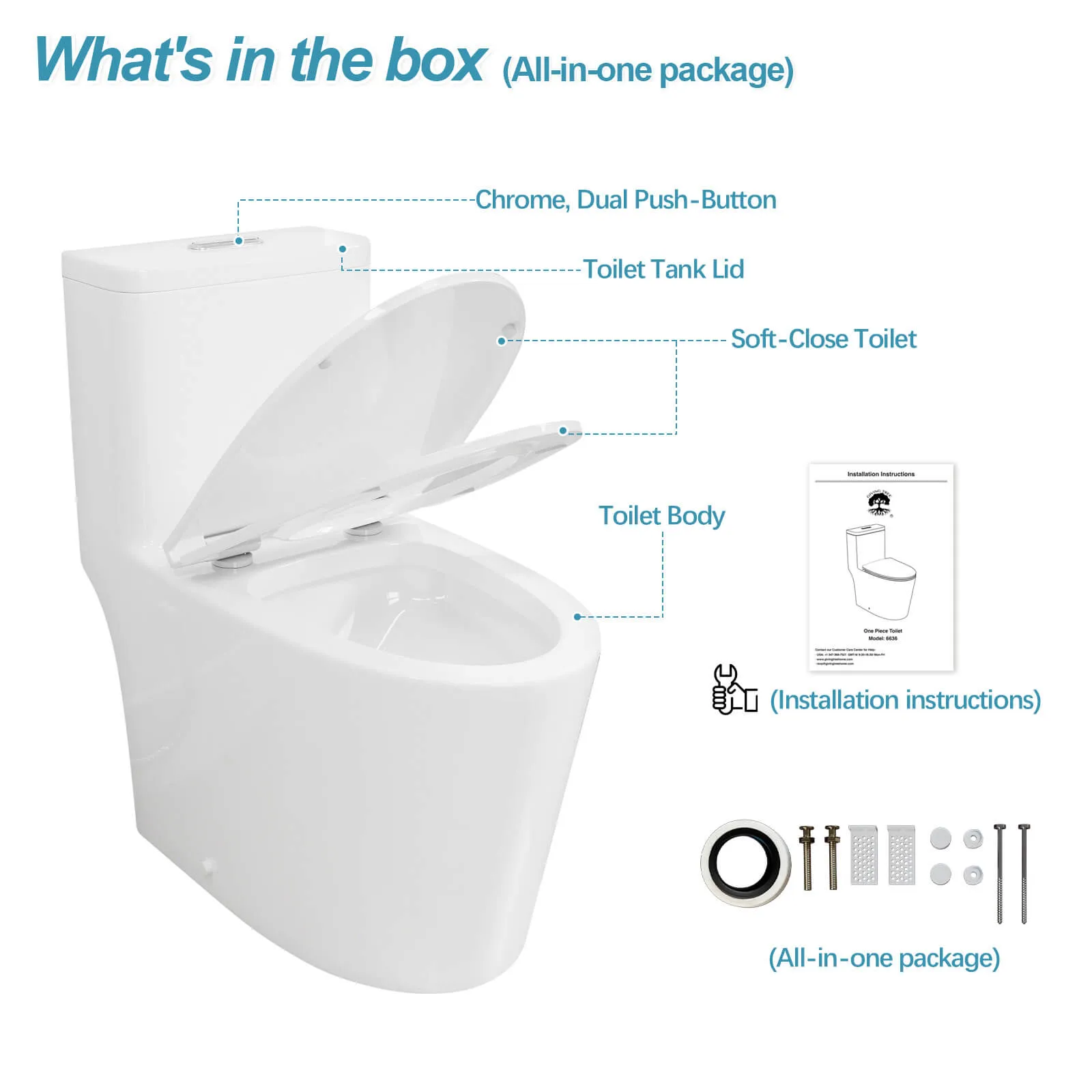 One-Piece Floor Mount Toilet 1.1GPF/1.6 GPF Siphon Jet Dual Flushing with Toilet Seat