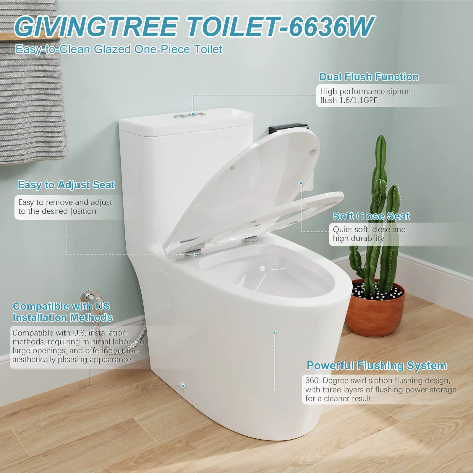 One-Piece Floor Mount Toilet 1.1GPF/1.6 GPF Siphon Jet Dual Flushing with Toilet Seat