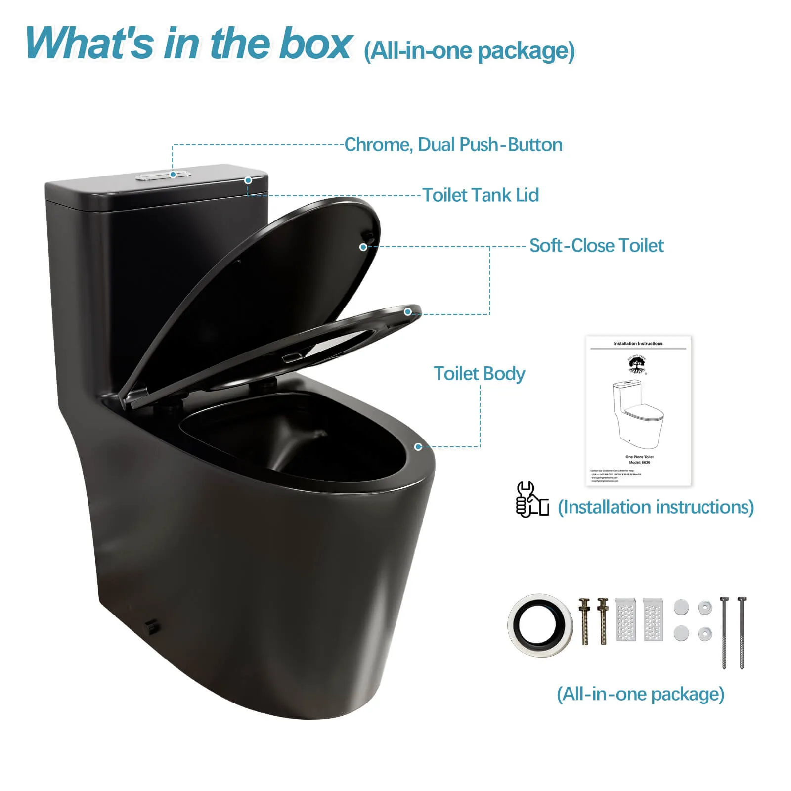 One-Piece Floor Mount Toilet 1.1GPF/1.6 GPF Siphon Jet Dual Flushing with Toilet Seat