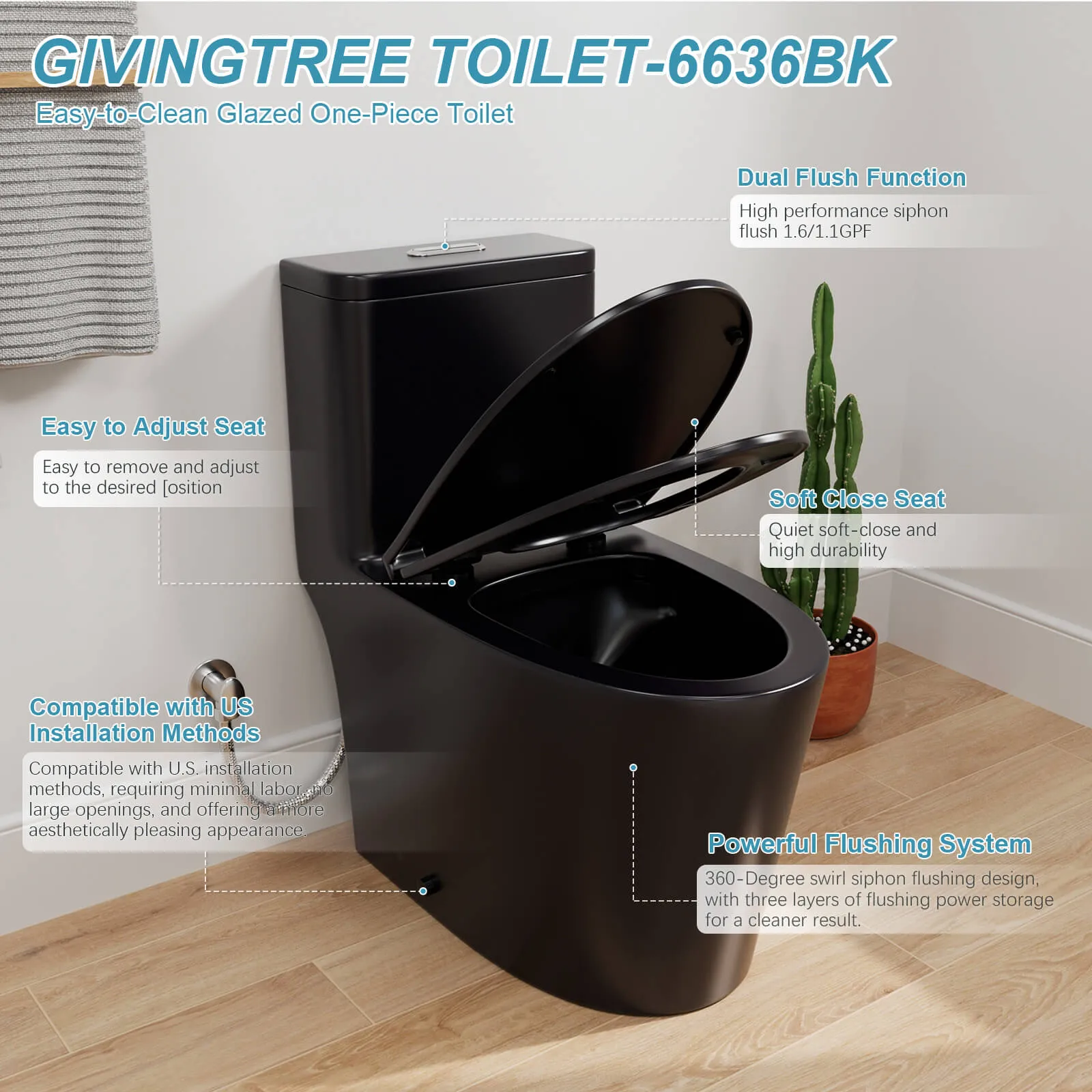 One-Piece Floor Mount Toilet 1.1GPF/1.6 GPF Siphon Jet Dual Flushing with Toilet Seat